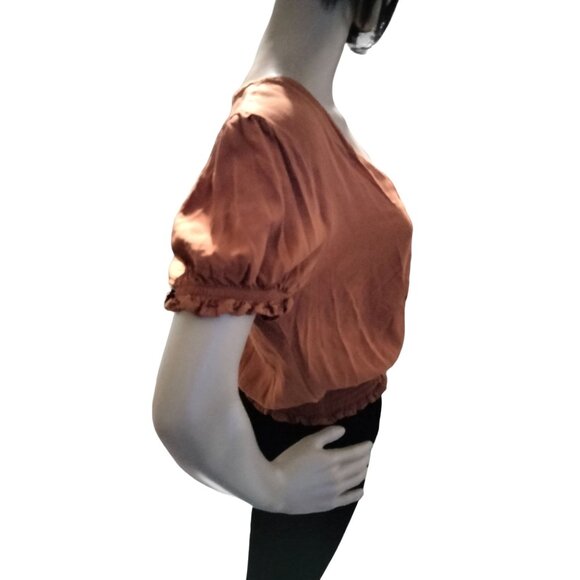 One Love Clothing Womens Orange Smocked Crop Top M Button-Down Short Sleeves - Picture 4 of 7